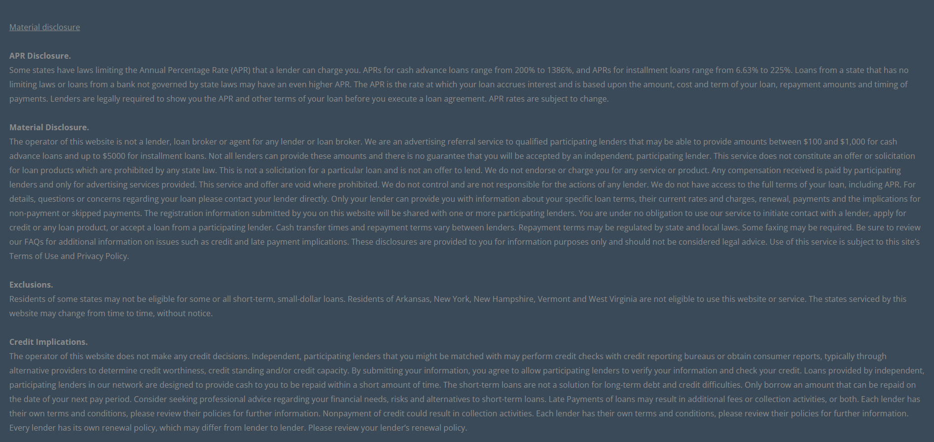 Material disclosure for payday loans in Rochester Minnesota